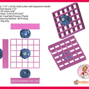 Puede incluir: Un cortador múltiple para galletas, con un diseño de rejilla de 25 cuadrados de 2,54 cm x 2,54 cm cada uno. El cortador tiene un mango ergonómico y está hecho de plástico apto para alimentos. El tamaño total es de 13,72 cm x 13,72 cm x 6,73 cm. El color puede variar.