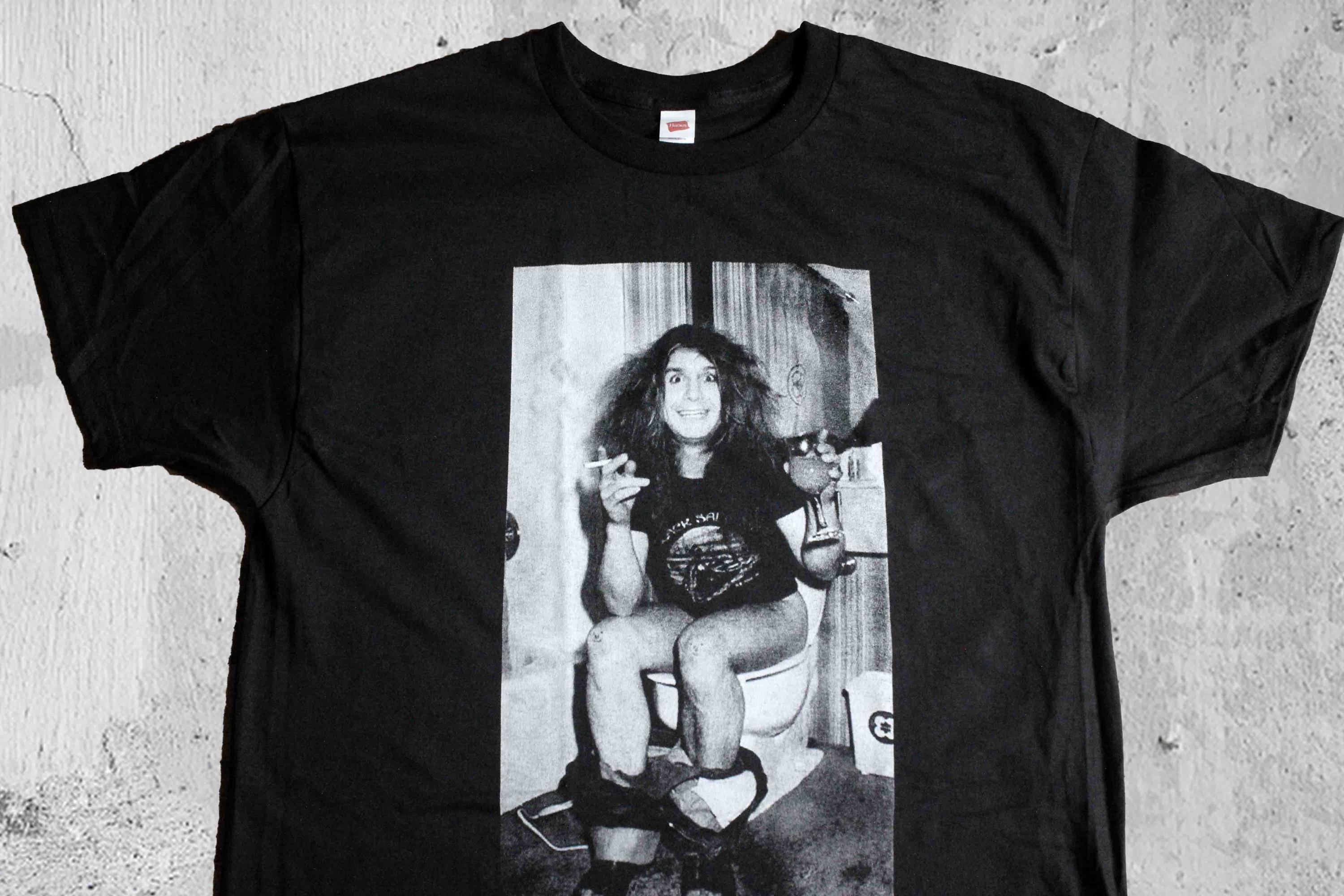 1980s OZZY OSBOURNE On Toilet B&W Photo Rock N Roll Heavy Metal Cigarette Outlaw Custom Hand Screen Printed Sabbath Band Shirt
