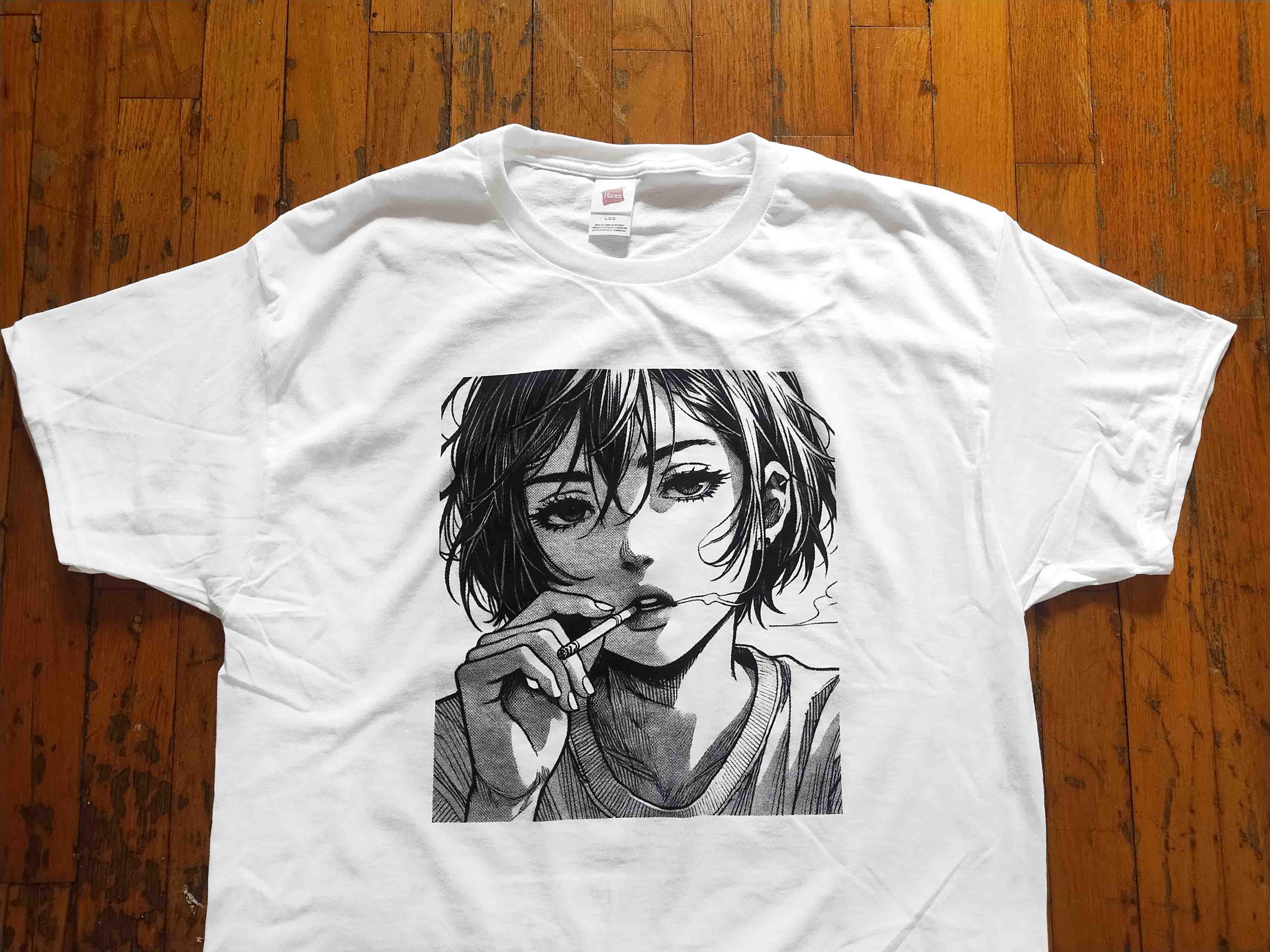 90s Alt Anime Girl Smoking Cigarette Grunge Aesthetic Pastel Goth Japanese Harajuku Fashion Weeb Otaku Magna HAND SCREEN PRINTED Shirt