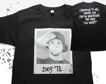 BAM MARGERA Polaroid Photo 2003 &#39;Til Freedom Quote Jackass CKY 411VM Viva La Bam Skateboarding Punk Hand Screen Printed Shirt