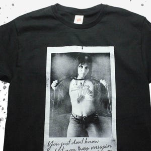 JOAN JETT Polaroid Hate Myself For Loving You Lyric Benutzerdefinierte Vintage Style Handsiebdruck-Rockband-Blackhearts-Shirt