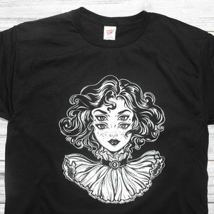 Victorian Curly Haired Goth 4 Eyed Witch Art Custom Handmade Screen Printed Crescent Moon Star Black Magic Creepy Weirdcore Witchcraft Shirt