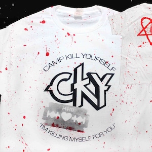 CKY x HIM Mashup Camp Kill Yourself His Infernal Majesty Heartagram Lyric Blood Splatter Horror Bam Margera Ville Valo Band Shirt