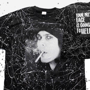 VILLE VALO Cigarette HIM His Infernal Majesty Pretty Face To Hell Hand Screen Print Paint Splatter Finnish Rock Goth Love Metal Lyric Shirt