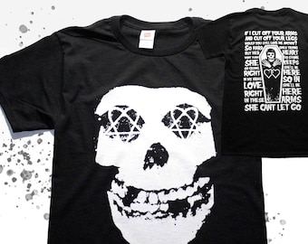 HIM x Misfits MASHUP Lyric His Infernal Majesty Hand Silk Screen Print Heartagram Fiend Rock Goth Horror Punk Love Metal Band Shirt