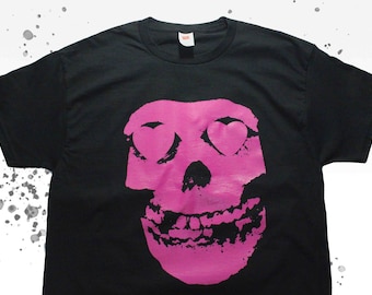 THE MISFITS Heart Eyes Hand Silk Screen Print Fuchsia Pink Fiend