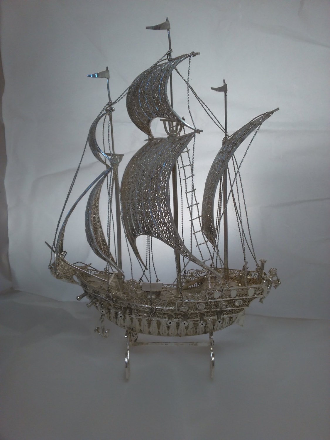 Sailing Ship Caravel of Silver Filigree Very Accurate in Every