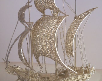 Sailing Ship Caravel of Silver Filigree Very Accurate in Every