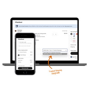 May include: A laptop and smartphone display an Etsy checkout process. The phone shows shipping options, including "Tracked Shipping." The laptop screen highlights the "Tracked Shipping Upgrade" option. The total order is $50.10.