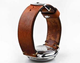 2～3 mm厚のレザーウォッチストラップ、ブラウンヴィンテージパティーナ、手首サイズカスタマイズ可能