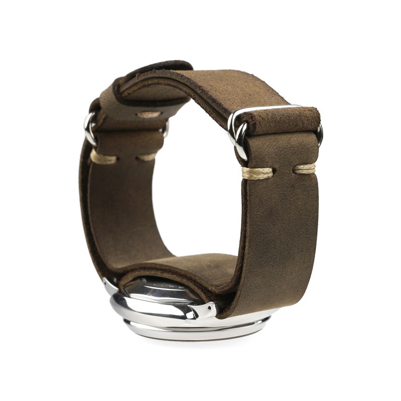 Bracelet-montre militaire en cuir marron, double anneau de fermeture avec tailles personnalisées 18 mm, 20 mm, 22 mm, 23 mm, 24 mm, etc. image 2