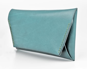 Light Blue Leather Clutch Wallet: Women Long Wallet Fold Over