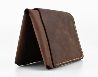 Distressed Brown Leather Bifold Wallet, Vertical Design, Free Engraving