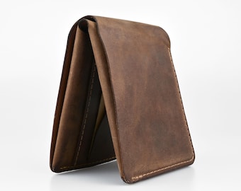 Distressed Brown Bifold Wallet, Crazy Horse Leather, Large ID pockets