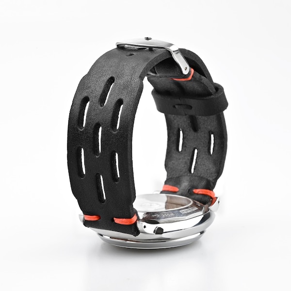 Rally strap watch racing band black leather accent color stitch orange, red, brown etc