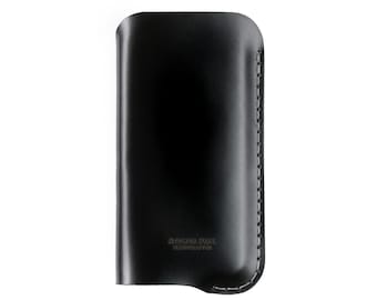 Black Leather iPhone Case, Hand Stitched, Custom Size, Optional Strap