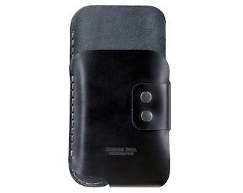 Black leather wallet for iPhone and custom smartphone with front and back card slots