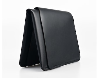Black Leather Vertical Bifold Wallet, Large ID pockets, Free Engraving