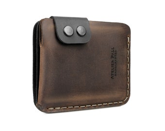 Minimal airtag slim wallet free engraving card holder distressed brown leather and optional wallet chain