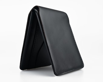 Black Leather Bifold Wallet, Minimalist Design, Free Engraving