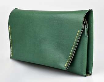 Green Teal Leather Clutch Wallet for Women Small Horizontal Long Wallet Minimal Design