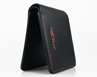 Minimal Black Leather Bifold Wallet, Red Stitch Accents, Free Engraving