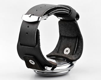 Wide Cuff Aviator Watch Strap, Black Leather, Smartwatch Sensor Accessible