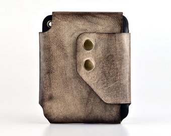 Slim airtag card case distressed waxed brown leather and optional wallet chain free engraving