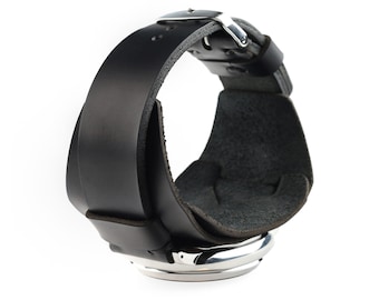 Wide Watch Cuff in Black Leather, Classic Buckle - Retro Vintage Watch Design