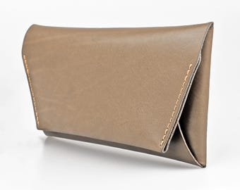 Beige Tan Leather Slim Wallet: Minimalist Women's Wallet Fold Over Design