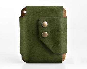 Slim Leather AirTag Wallet Card Case: Green & Brown, Optional Chain