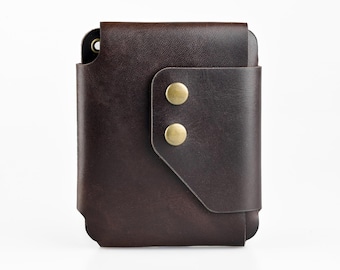 Minimal vertical wallet card holder distressed brown leather and optional wallet chain free engraving