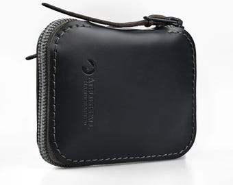 Minimal Zip Wallet, Mate Black Leather, Slim EDC Leather Pouch