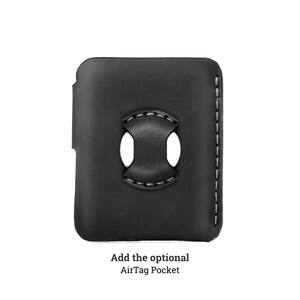 May include: Black leather AirTag pocket with a stitched design and a unique cutout for easy access. The text "Add the optional AirTag Pocket" is displayed at the bottom. The pocket is designed to hold an AirTag.