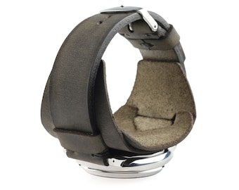 Wide Watch Cuff, Distressed Khaki Leather, Retro Design and Custom Lengths