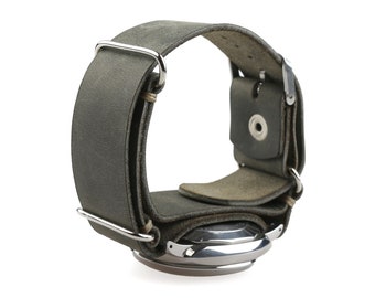 Khaki Green Leather Watch Strap, Tactical Army Style, Custom size 19mm 21mm