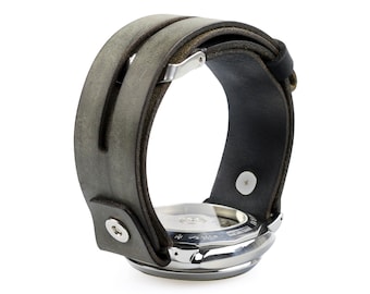 Aviator II watch strap khaki black duotone leather, pilot watch band fixed lugs rivet system Apple smartwatch cuff