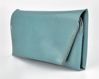 Light Blue Stitchless Leather Wallet: Compact Clutch With Fold Over Design