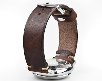 Cinturino per orologio spesso 2-3 mm, in pelle marrone scuro con patina vintage, larghezza personalizzata 19 mm, 21 mm, 23 mm