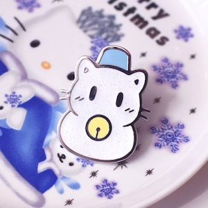 Snow Cat Enamel Pin | Winter Snowman Glitter Holiday Christmas Yule Pin
