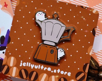 Haunted Stove-top Espresso Enamel Pin | Moka Pot Coffee Lovers Gifts for Baristas Cute Halloween Ghosts
