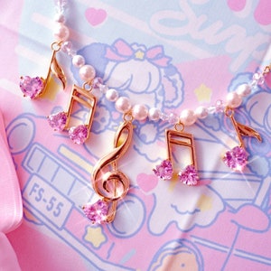 Lovely Melody Necklace | Gold x Pink | Fairy Kei Treble Clef Music Notes Pendant