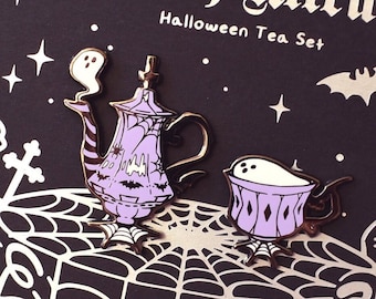 Halloween Tea Enamel Pin Set | Standard Ver | Trick or Treat Spooky Ghosts Hard Enamel Pins