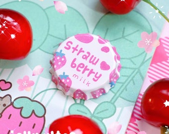 Strawberry Milk Bottlecap Pin | Vintage Style Parody Bottle Cap Soda Pop