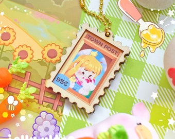 Farmer Claire Postage Stamp Wooden Charm - 2 inches | Farming Sim Game Nostalgic