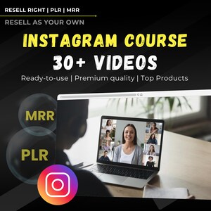 Könnte beinhalten: Werbung für einen Instagram-Kurs mit dem Text "INSTAGRAM COURSE 30+ VIDEOS". Das Bild zeigt einen Laptop mit einer Videokonferenz, das Instagram-Logo und den Text "RESELL RIGHT | PLR | MRR".