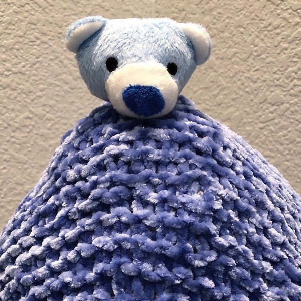 TEDDY BEAR Lovey Security Blanket, Hand Knit Baby Blanket Lovie in Bernat solid blue velvet yarn. Option for direct ship to Gift Recipient