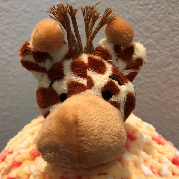 GIRAFFE Lovey Security Blanket, Hand Knit Baby Blanket Lovie in Bright Candy Corn Chenille Yarn.  Option for direct ship to Gift Recipient