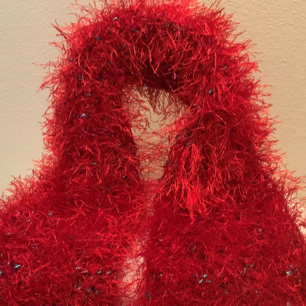 FURRY SCARF BOA  Hand knit Red Eyelash Print yarn Photo prop Dress Up Measures 30 x 4 inches. Option for direct ship to Gift Recipient