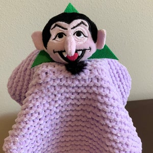 COUNT von COUNT Sesame Street Lovey Security Blanket, Hand Knit Lilac Chenille plush toy Lovie. Gift Option for Direct Ship to Recipient